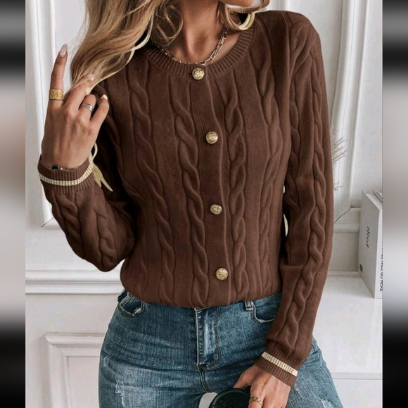 Women's Casual Contrast Trim Button Front Cardigan, Autumn/Winter - Picture 4 of 4